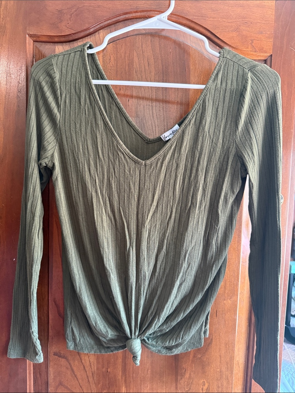 love, Fire Olive Green Ribbed V-Neck Long Sleeve Tie-Front Top